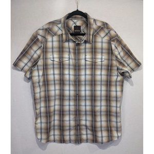 Prana Mens Button-Down Plaid Shirt Breast Pocket Western Relaxed Brown/Cream XXL